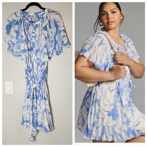 Anthropologie V-Neck Ruffle-Sleeve Pleat Belted Button Mini Dress Blue Floral XL